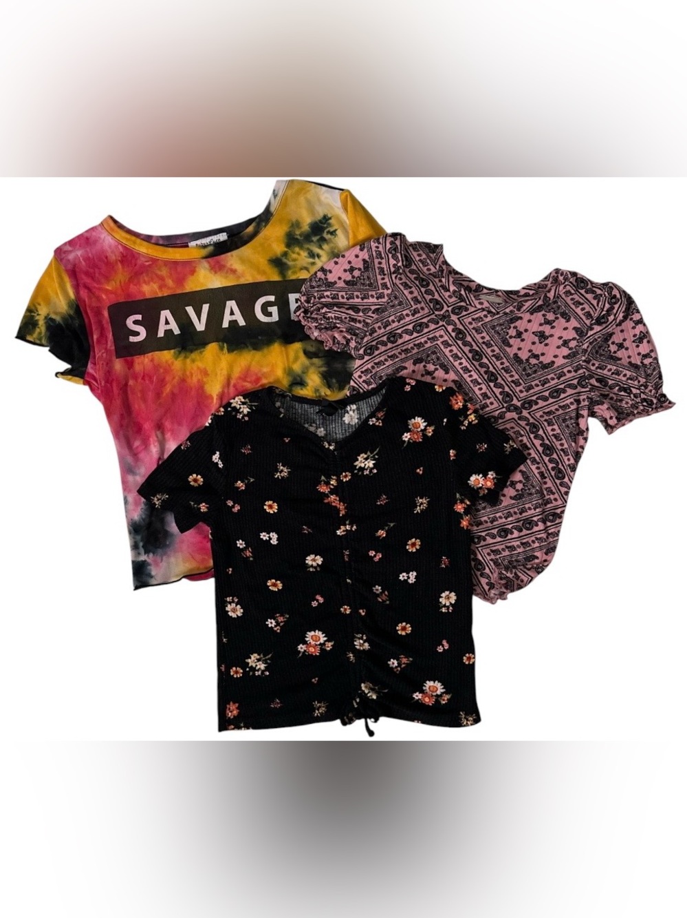 Girls Short Sleeve Bundle of 3x Tye-Dye "SAVAGE" Floral & Pink Paisley Tops